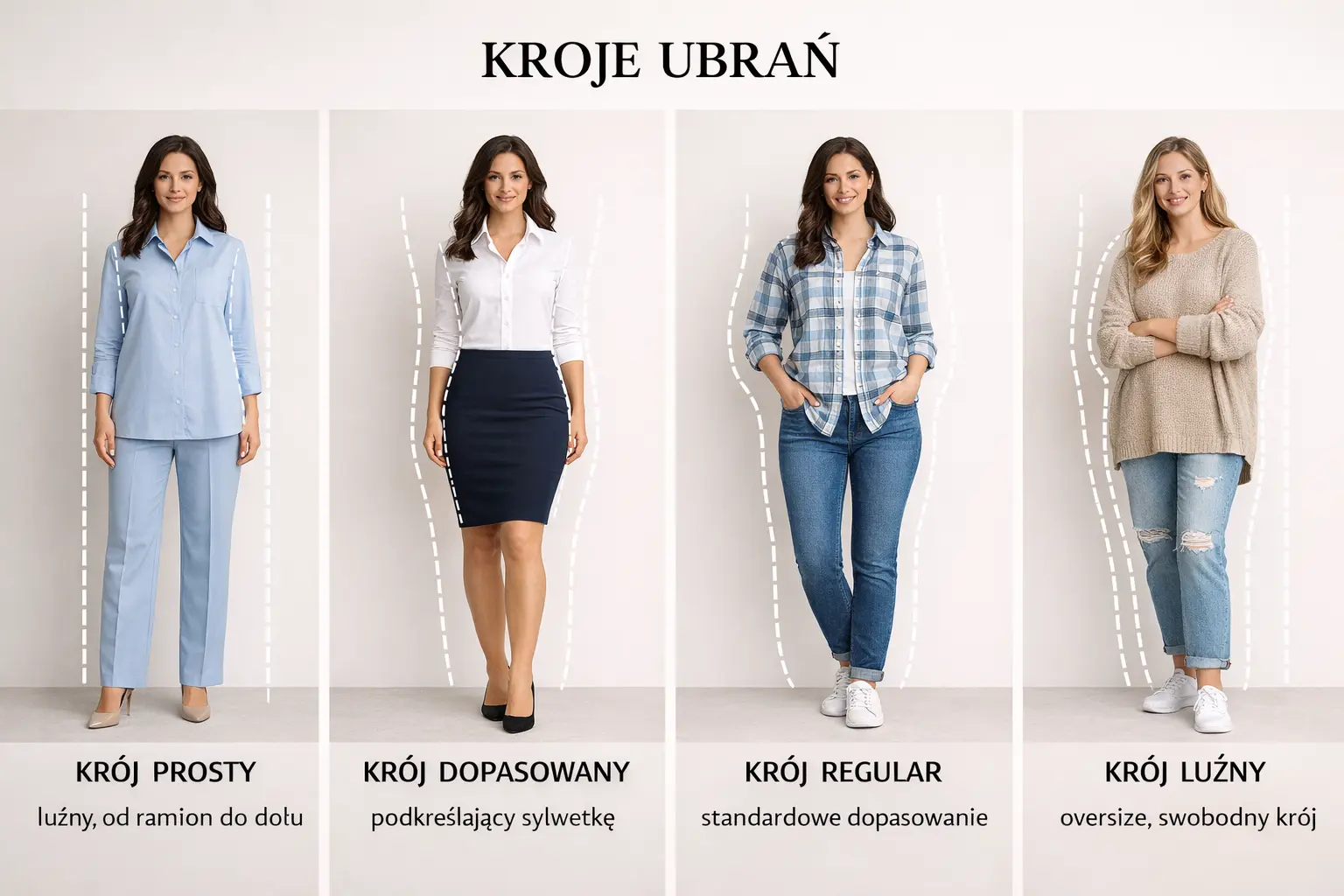 przedstanienie krojów ubrań na kobiecej sylwetce